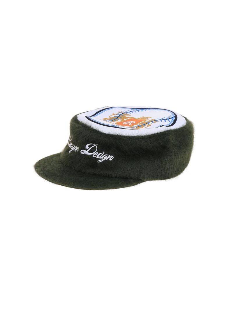6CRAYON(シックスクレヨン)の「6CRAYON Flat Top Embroidered Rabbit Fur Olive Green Pa tchwork Baseball Cap(Hats)」