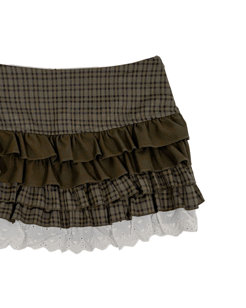 deep woody brown check & lace cancan sk