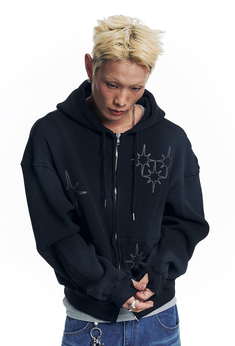 Washed Star Waffle Hooded Zip-Up - Black