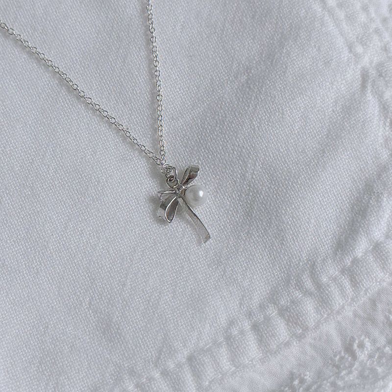 Silver 925 Ribbon & Pearl Necklace
