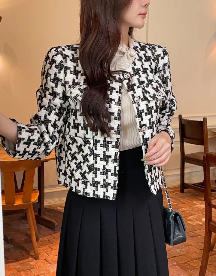 Carson Round-Neck Check Tweed Jacket