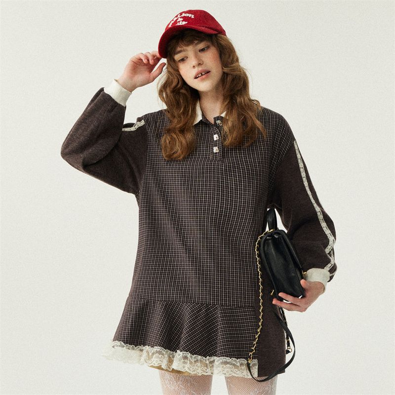 Lace Patchwork Check Sweatshirt Dress