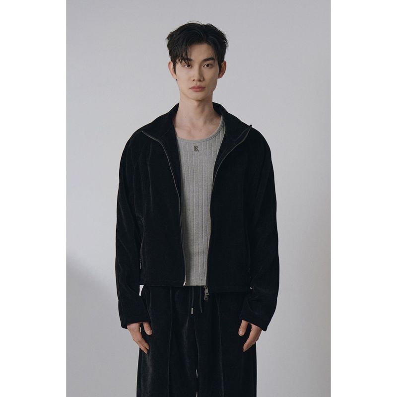 LAURANTSEOUL（ローラントソウル）の「Velvet corduroy curved crop zip up(Black)（Tops）」