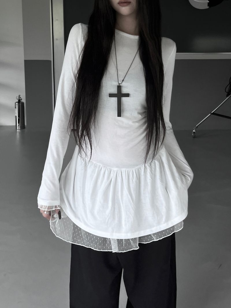 dot layered shirring lace one-piece (2color)