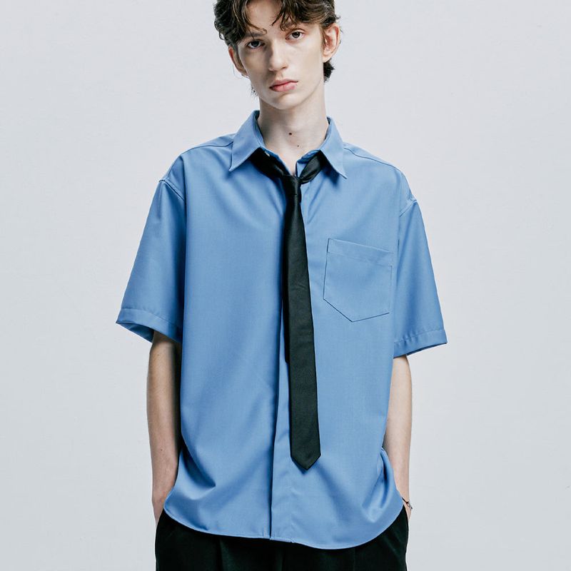 [SLIMTIE SET]fine twill tip half shirt sky blue