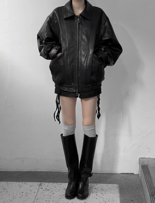(unisex) Panel Deep Two-Way Leather Jacket