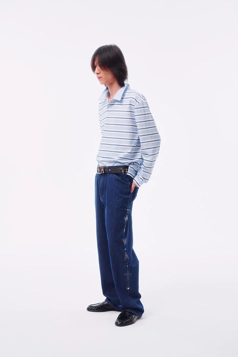 TOTEM RIVET FLOCKED DENIM PATCH STRAIGHT TAILORED JEANS