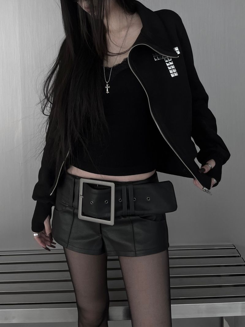 cross stud diagonal warmer zip-up (fleece-lined / 2color)