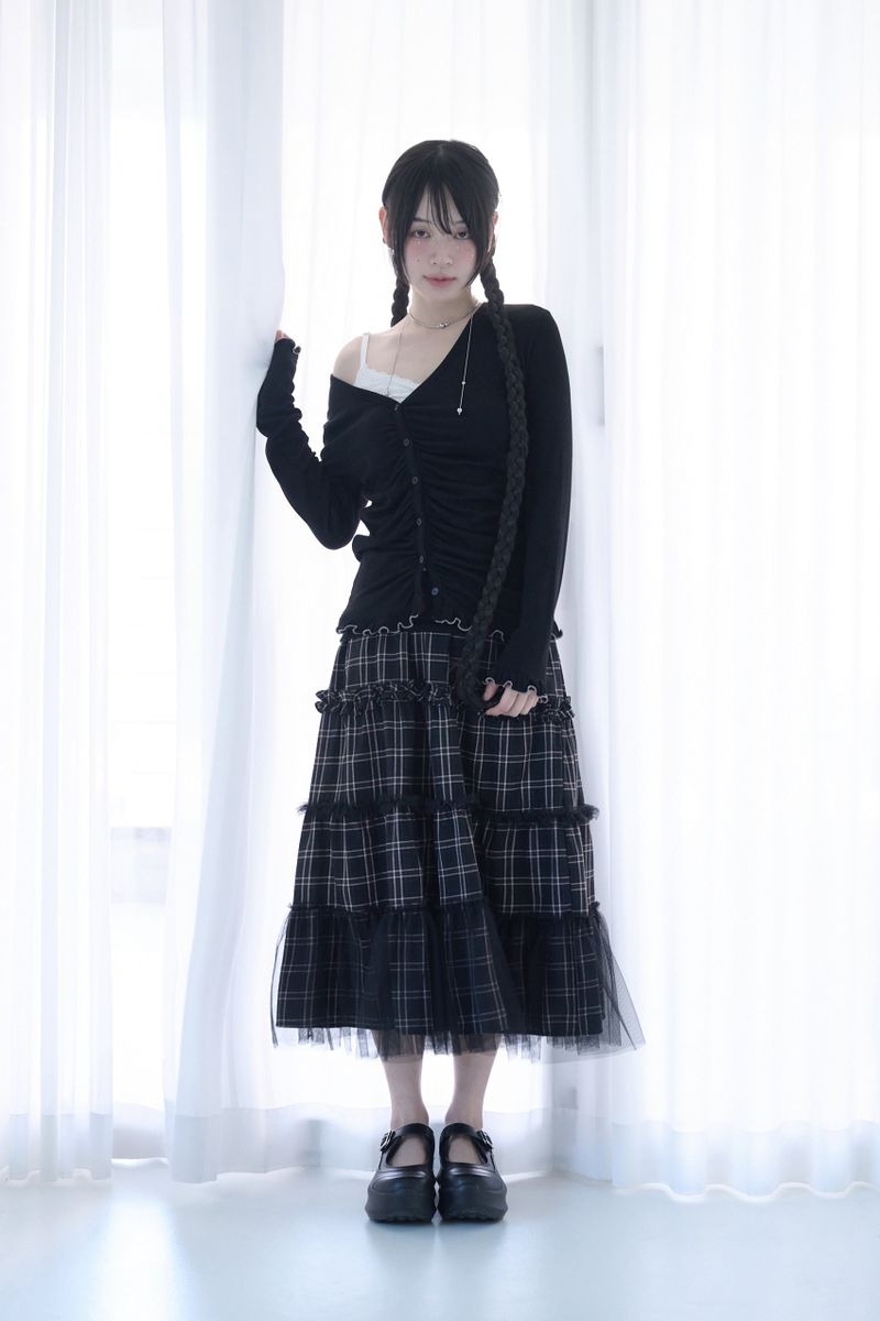 FOLDED CHECK FRILL MESH SK BLACK