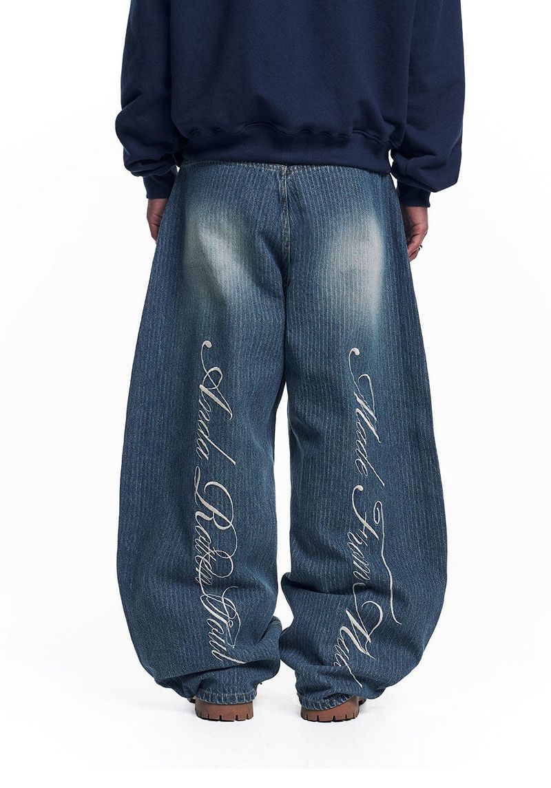 Stripe Lettering Denim Pants - Medium Blue