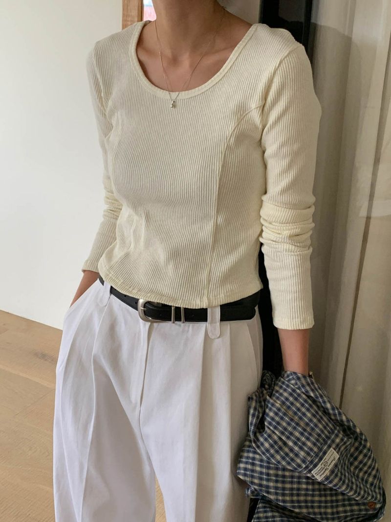 Noiton ribbed U-neck T-shirt