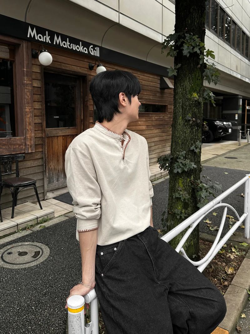 Cohi Stitch Henley Neck Long Sleeve