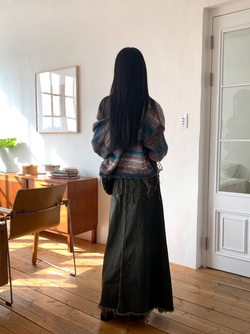 Elder Pintuck Pleated Long Denim Skirt