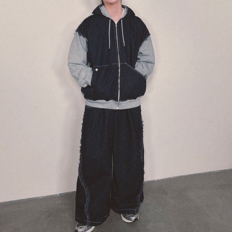 layered deconstructed zip-up hoodie_blue