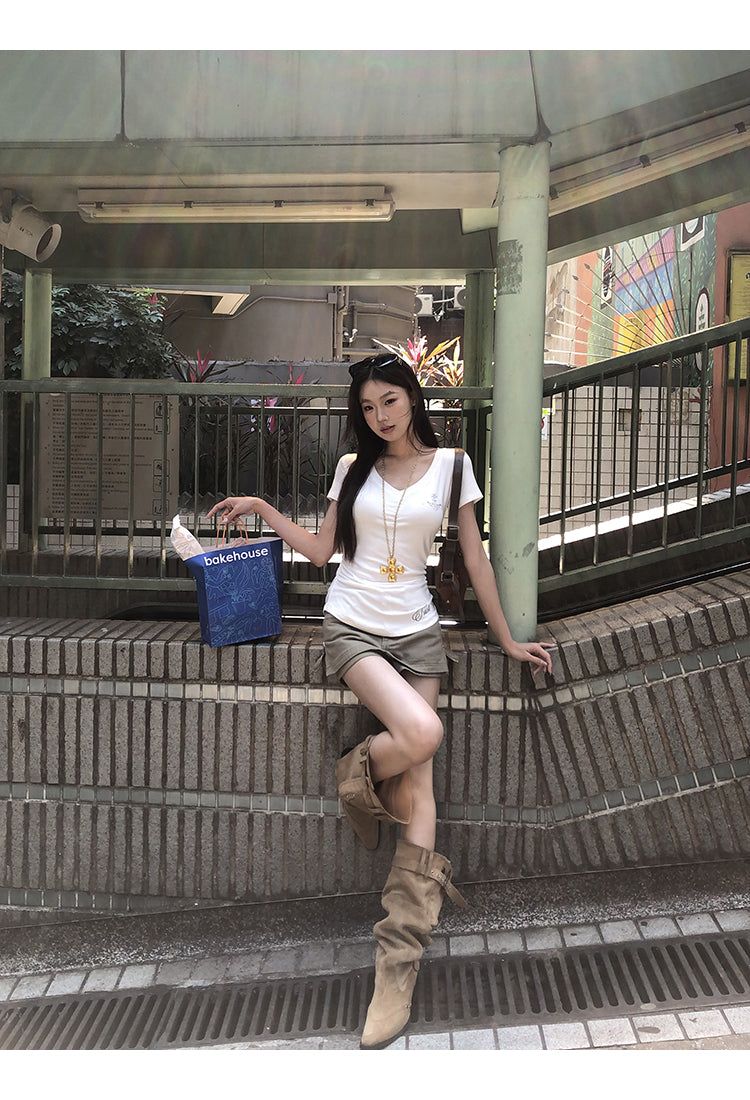 khaki cotton mini pants skirt