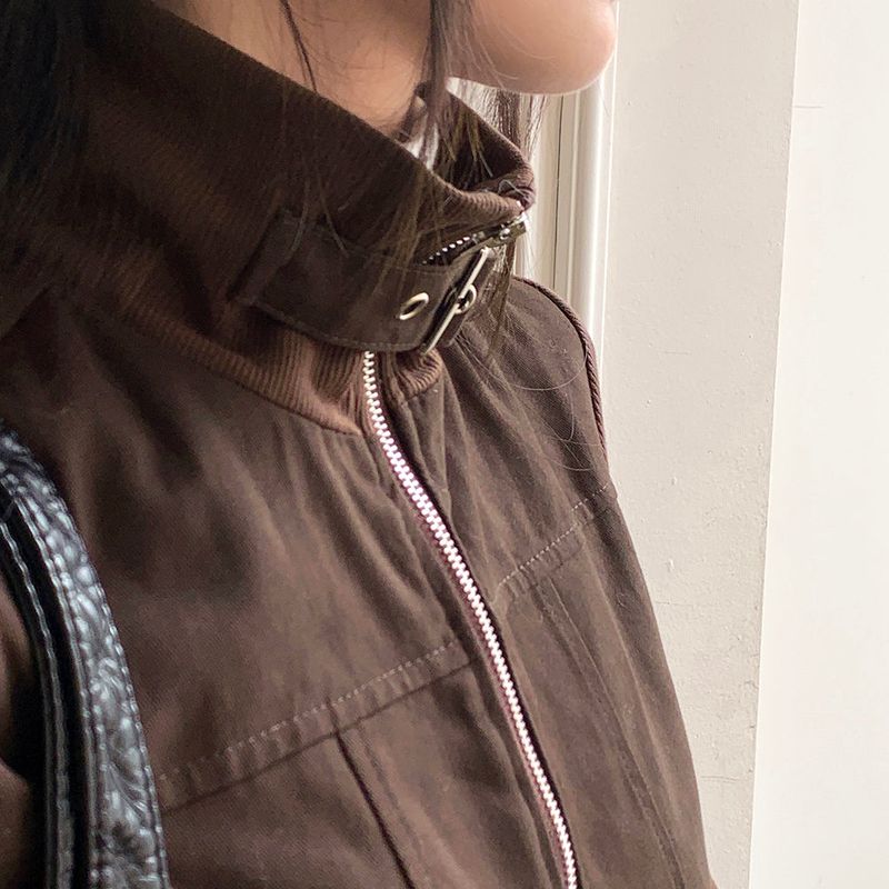 Tatter ribbed coloring belt two-way crop zip-up jacket