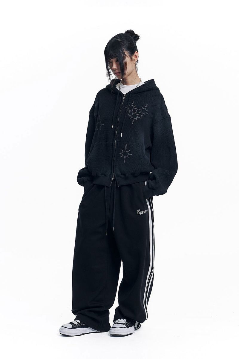 Washed Star Waffle Hooded Zip-Up - Black