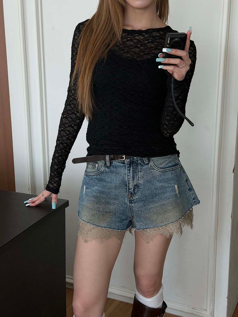 See through lace wave t-shirts(3color)