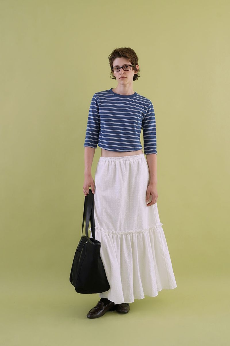Gather check shirring skirt_ivory