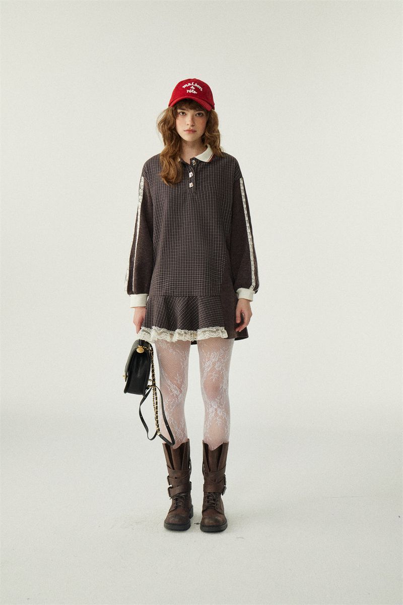 Lace Patchwork Check Sweatshirt Dress