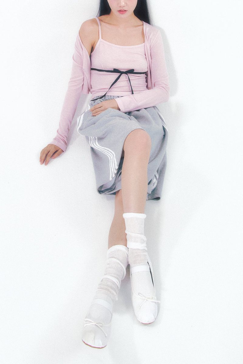 Knit Ribbon Shirring Top Set Pink