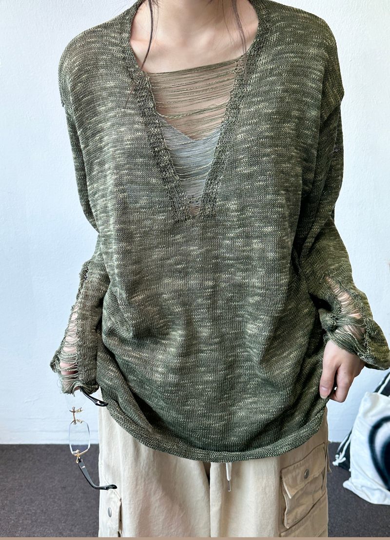 Drip Drape Distressed Mesh Loose Knit Sweater 4color