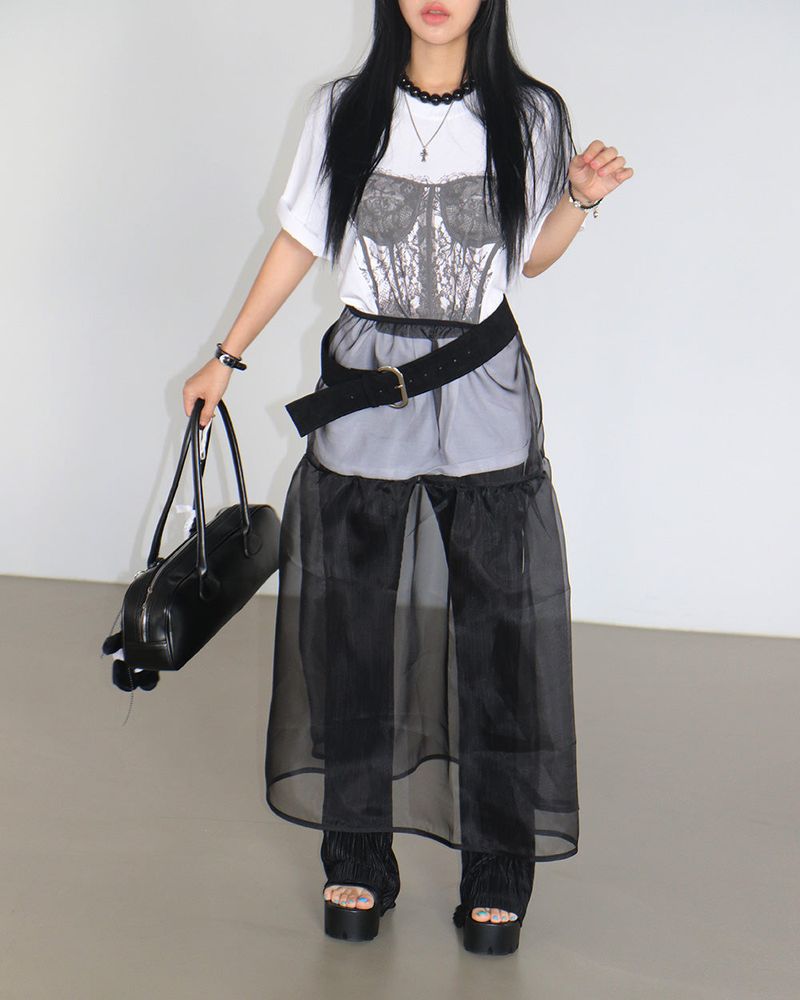 Volume see-through layered long skirt