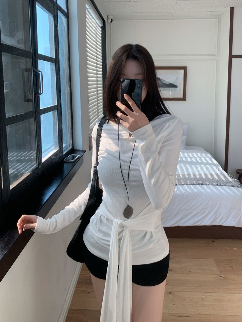 Loving Front Wrap Tie Boat Neck Long Sleeve Tee 