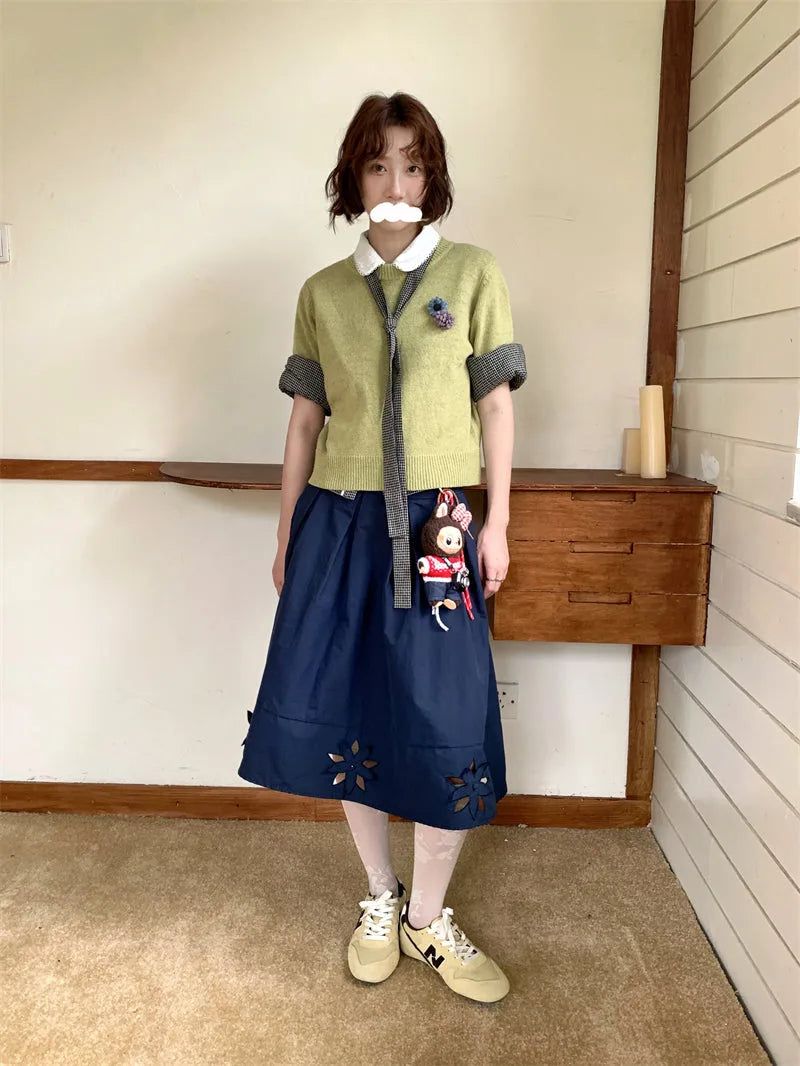 [1+1 Special] Tours Flower Decor Round Neck Wool Short Sleeve Knit
