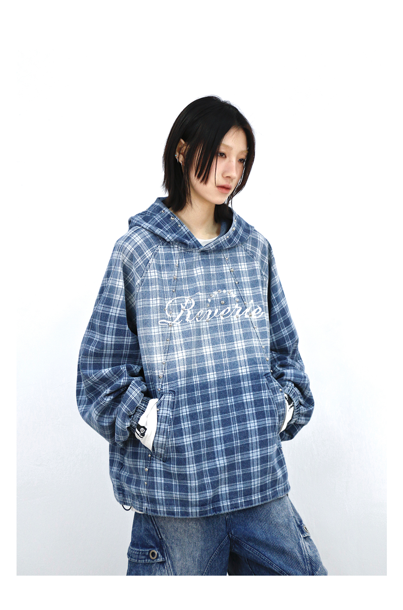 RELABEL (Gemeng) Stud-embellished, printed, gradient-wash checked hooded denim sweatshirt