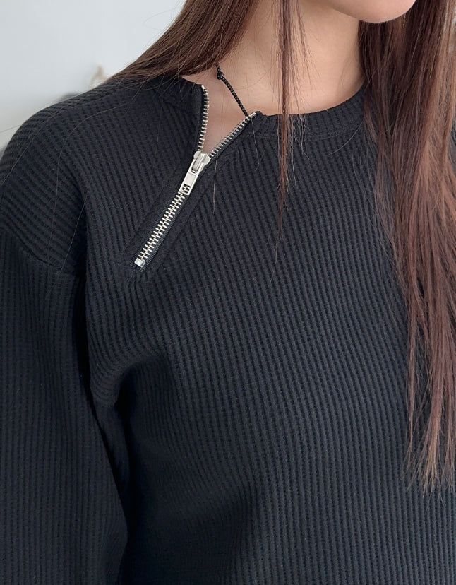 Renid Waffle Zipper Long Sleeve Tee