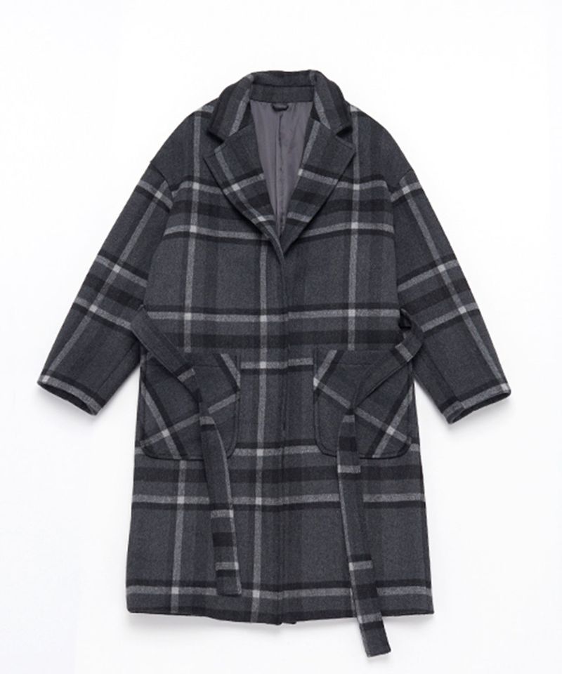 A NOTHING（アナッシング）の「OVERSIZE WOOL CHECK ROBE COAT (Charcoal)（Jackets/Outerwear）」