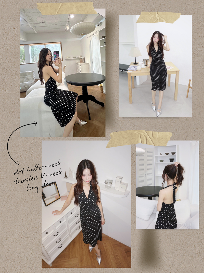 dot halter-neck sleeveless V-neck long dress