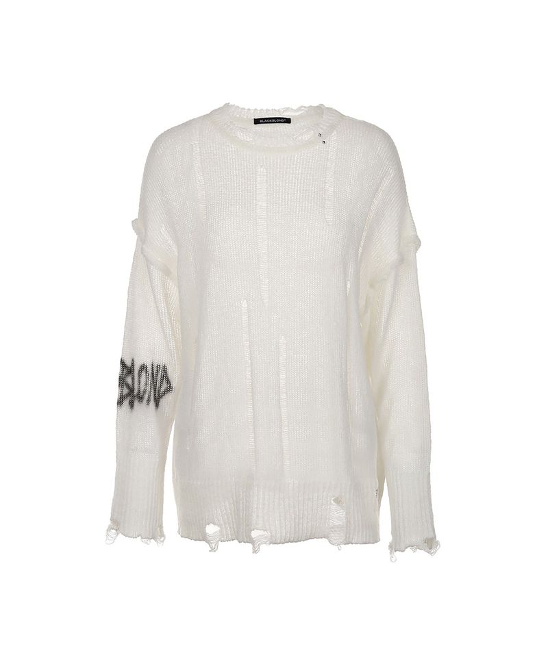 BLACKBLOND(ブラックブロンド)の「8287 Pierced Graffiti Logo Vintage Knit Sweater (White)(Tops)」