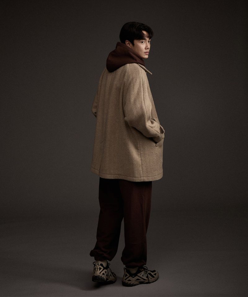 BALMACAAN HERRINGBONE WOOL CASHMERE HALF COAT BEIGE