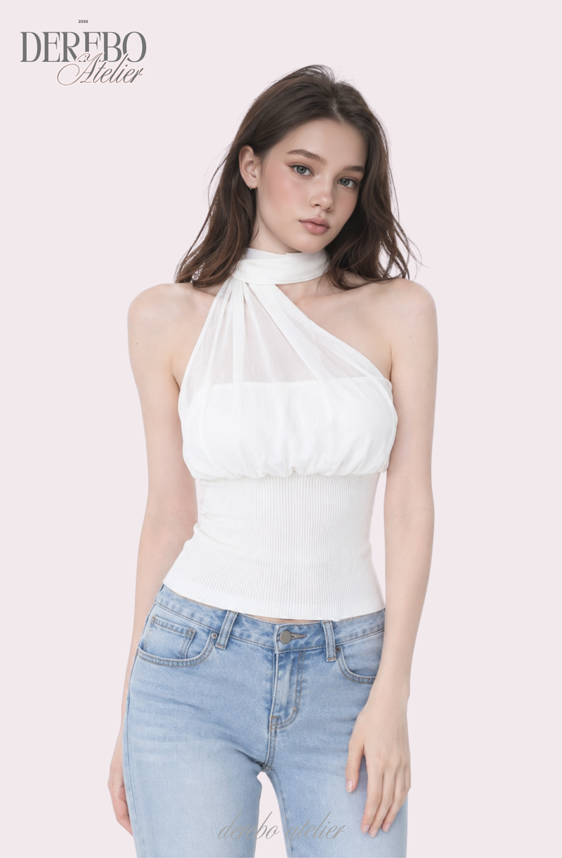 one-shoulder mint chiffon sleeveless top
