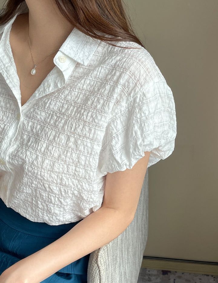 Kusha Collar Balloon Sleeves Seersucker Blouse