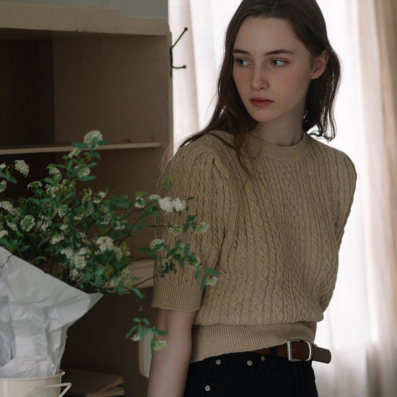 Cable Puff Sleeve Knit - Beige