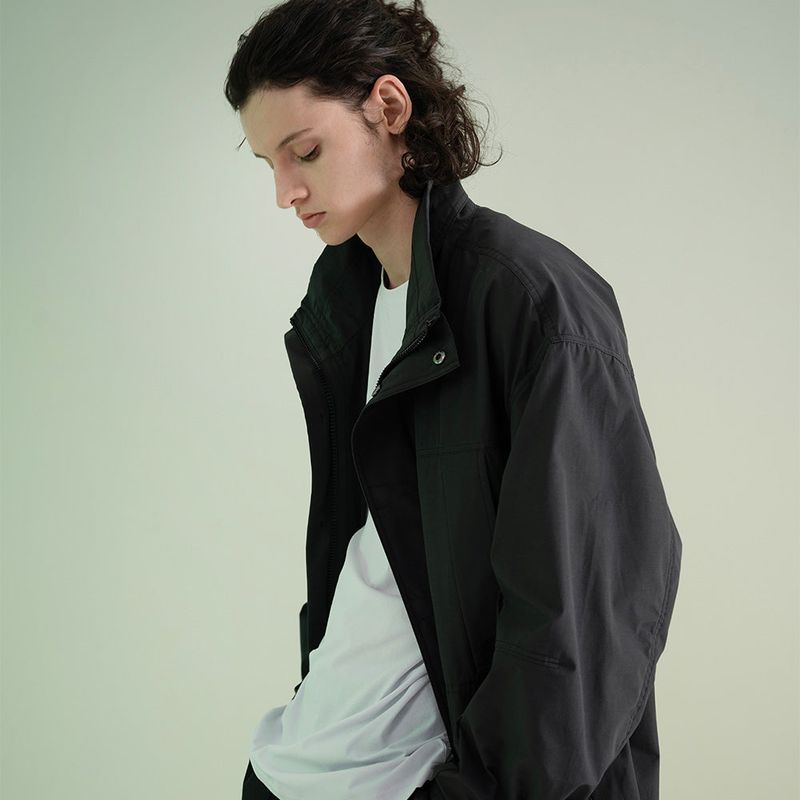 Poly Cotton RIB Double Placket Long-Jacket - BLACK