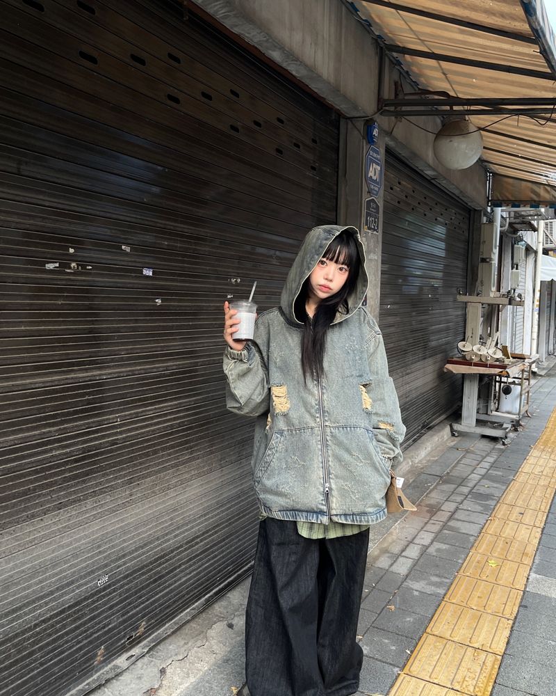 Vintage Dis denim Hooded Zip-Up