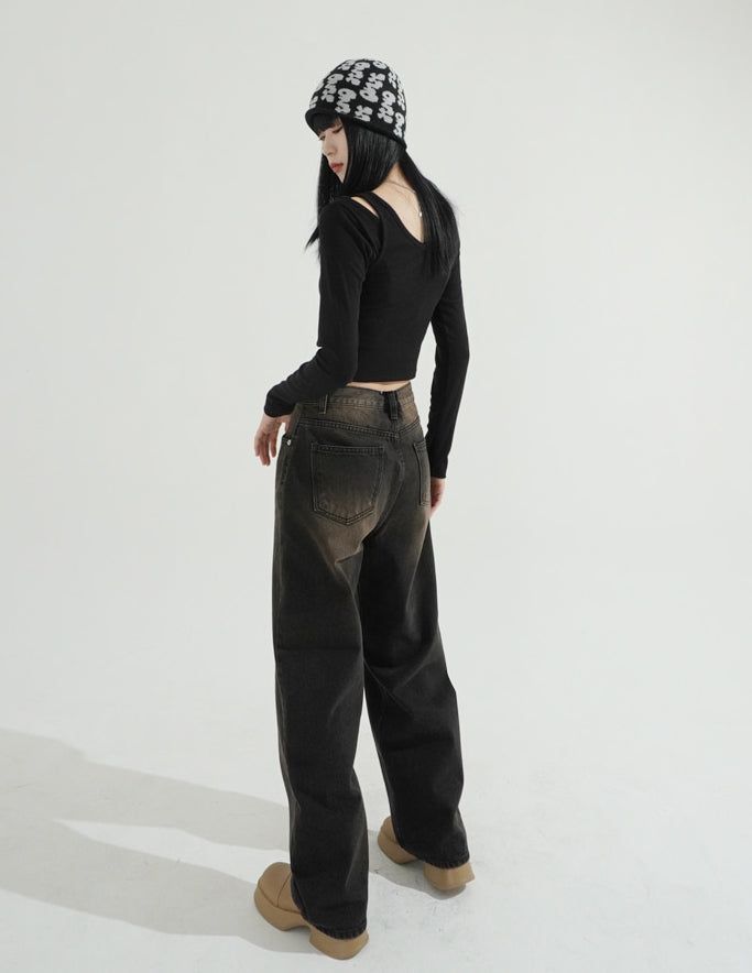 Brown Sand Brush Wide Denim Pants