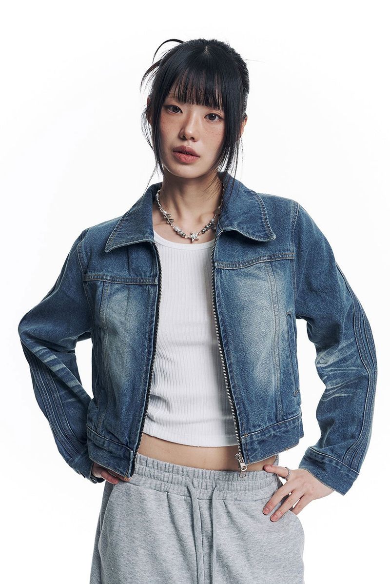 Washed Crop Track Denim Jacket - Deep Blue