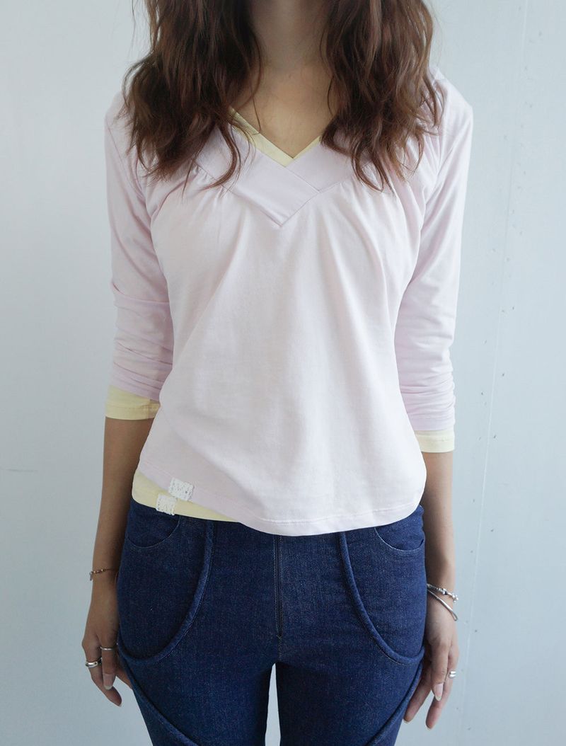 Shirring V-neck Top -Pink
