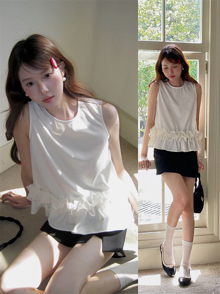 Contrast Ruffle Hem Sleeveless Top