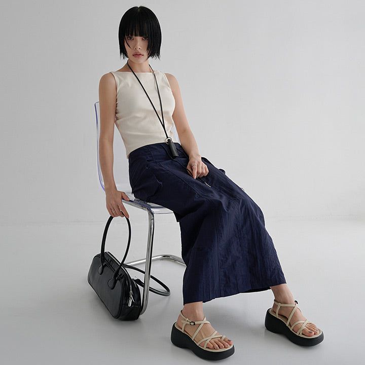  [made/free.xl] [Cheney] String A-Line Cargo Nylon Slit Long Skirt -5color