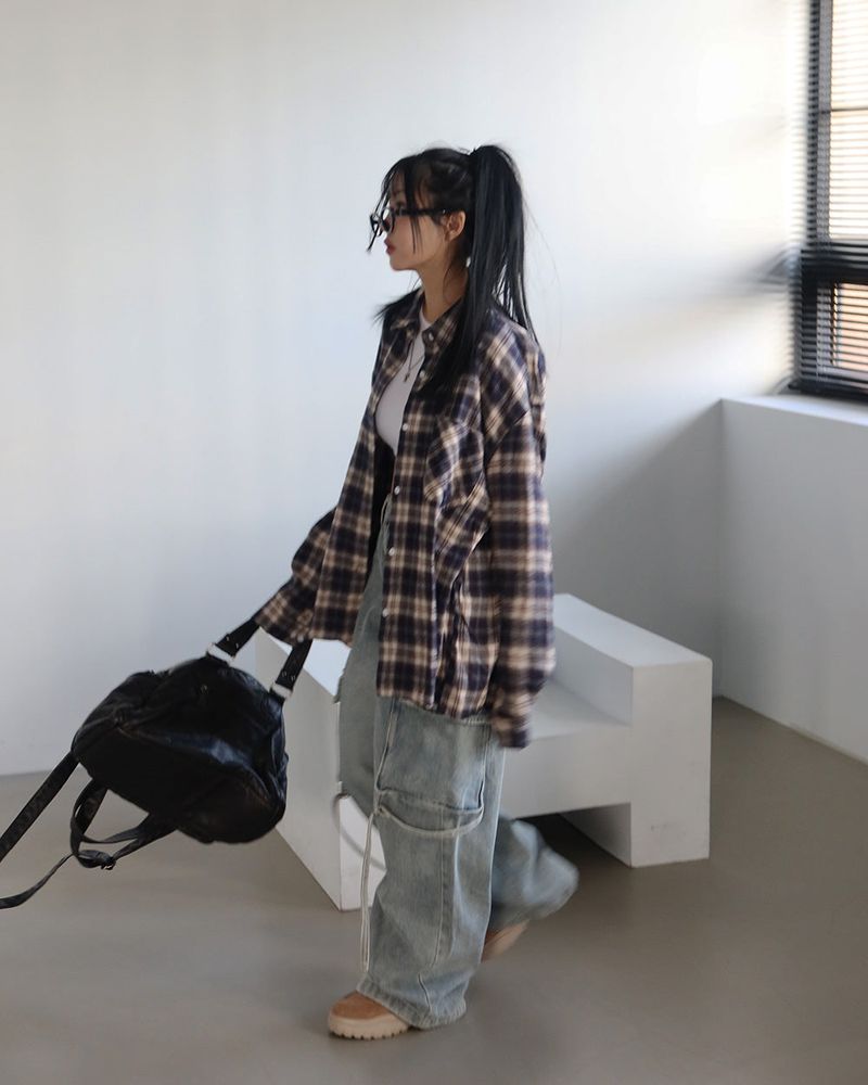 a navy checkered shirt