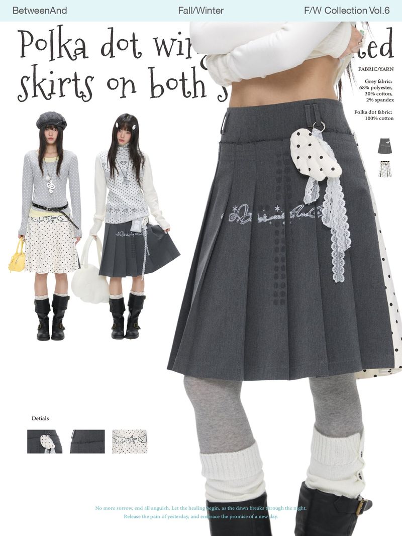 BETWEENAND（ビトゥウィーンアンド）の「BETWEENAND 「Ling Xu Shuang Sheng」 Winter Academy – gray-and-white polka-dot pleated skirt with a separate inner skirt, available in two styles（Skirts）」