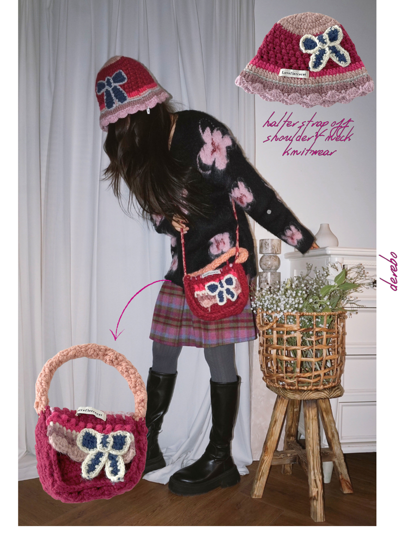 Hot Pink Knit Flower Bunk Hat & Bag Set