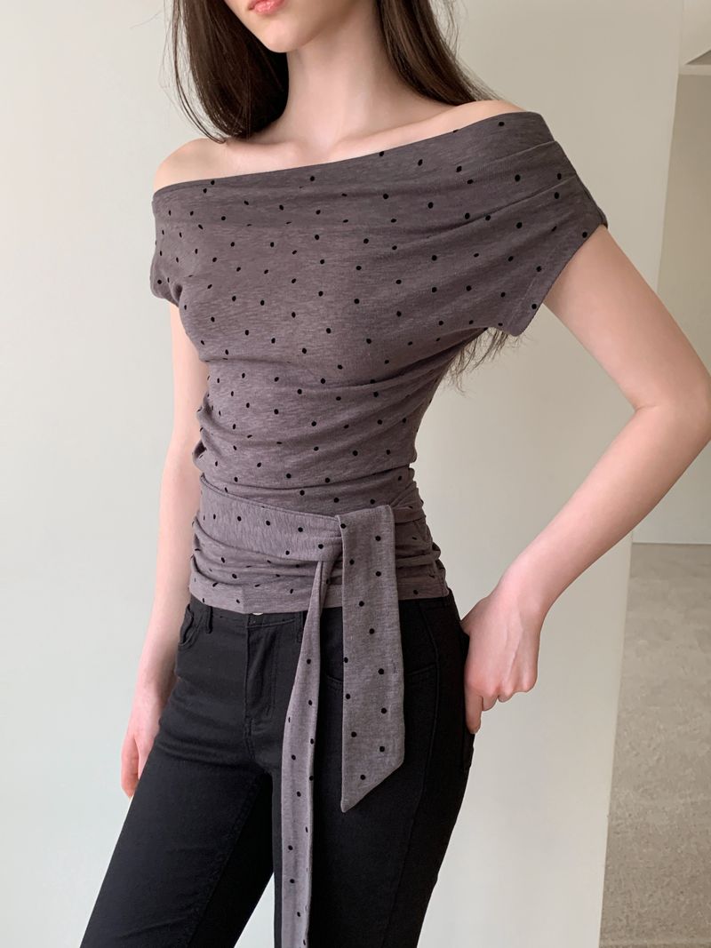 [ORIGINAL] Raise Dot One-Shoulder Wrap T-shirt