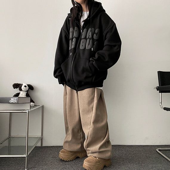 Nubon boxy napping embossed lettering hooded zip-up